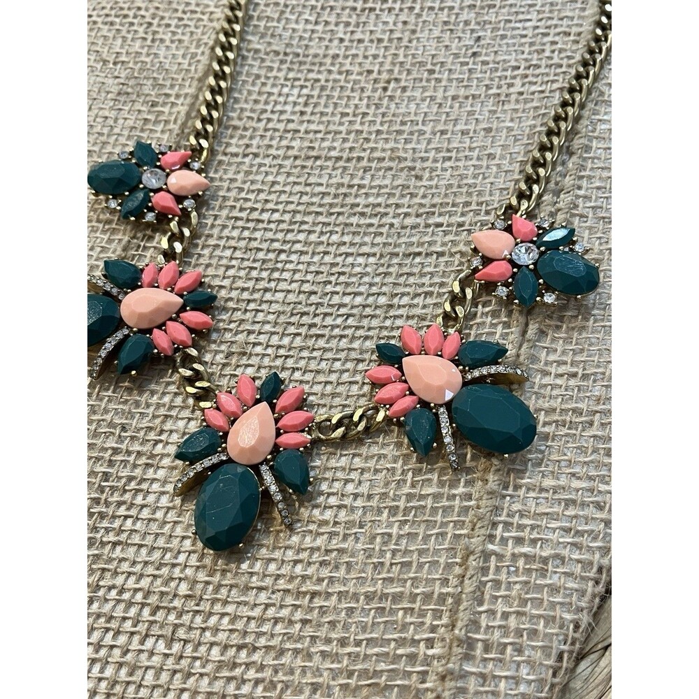 J CREW Statement Necklace Rhinestone Chunky Forrest Fairy Green Gold Tone Y2K - Picture 2 of 6